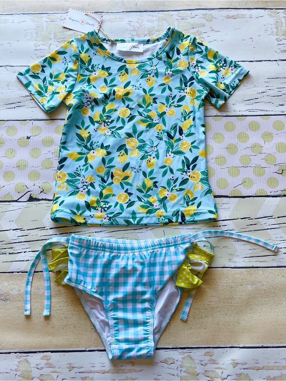 Oopsie Daisy Mint & Lemon Rashguard + Bottoms Swim Set